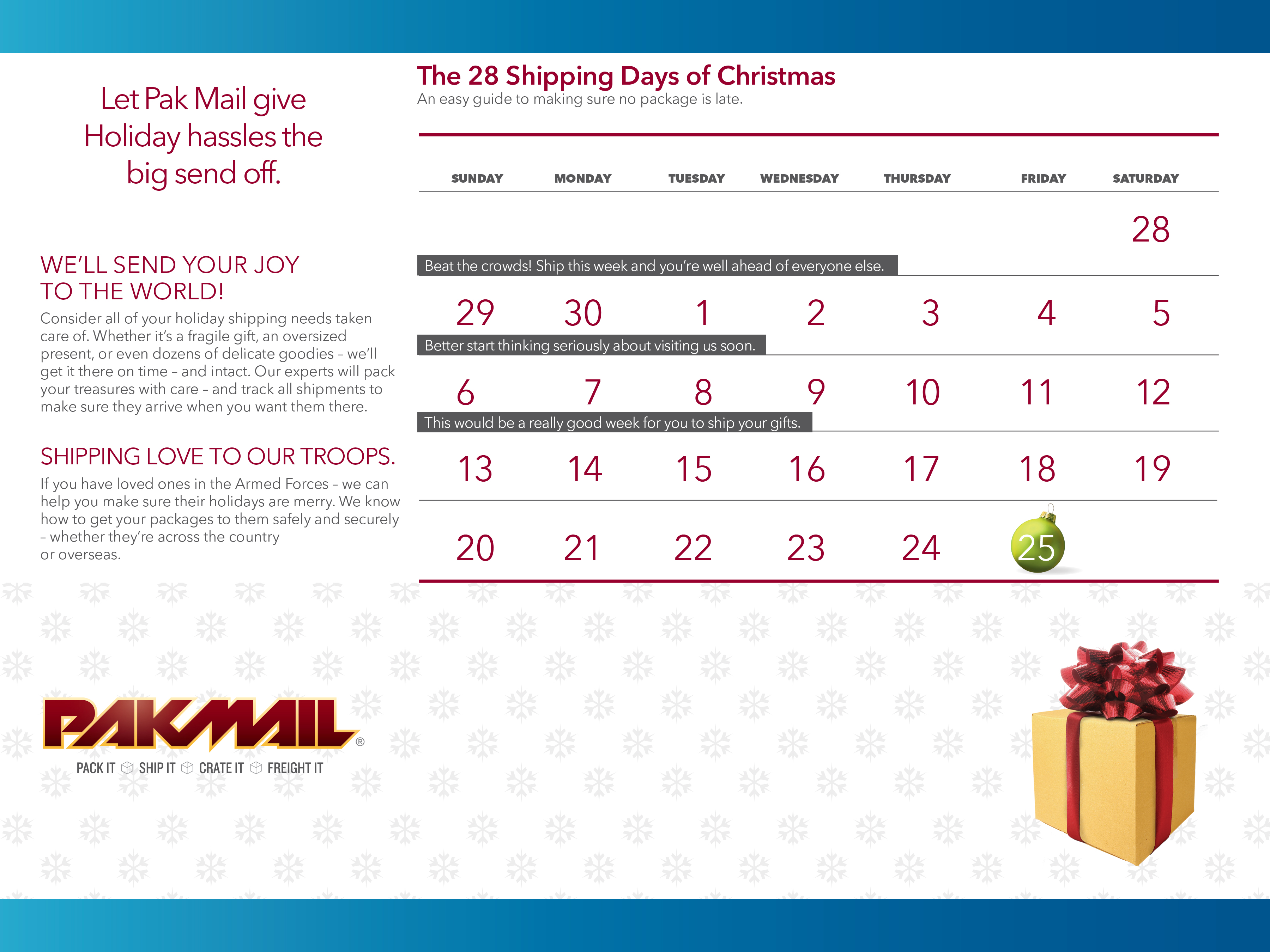 Holiday Shipping Deadlines Calendar | Pak Mail Shipping Solutions